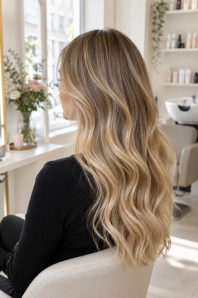 Lang golvend haar met een zachte honingblonde balayage, van achteren