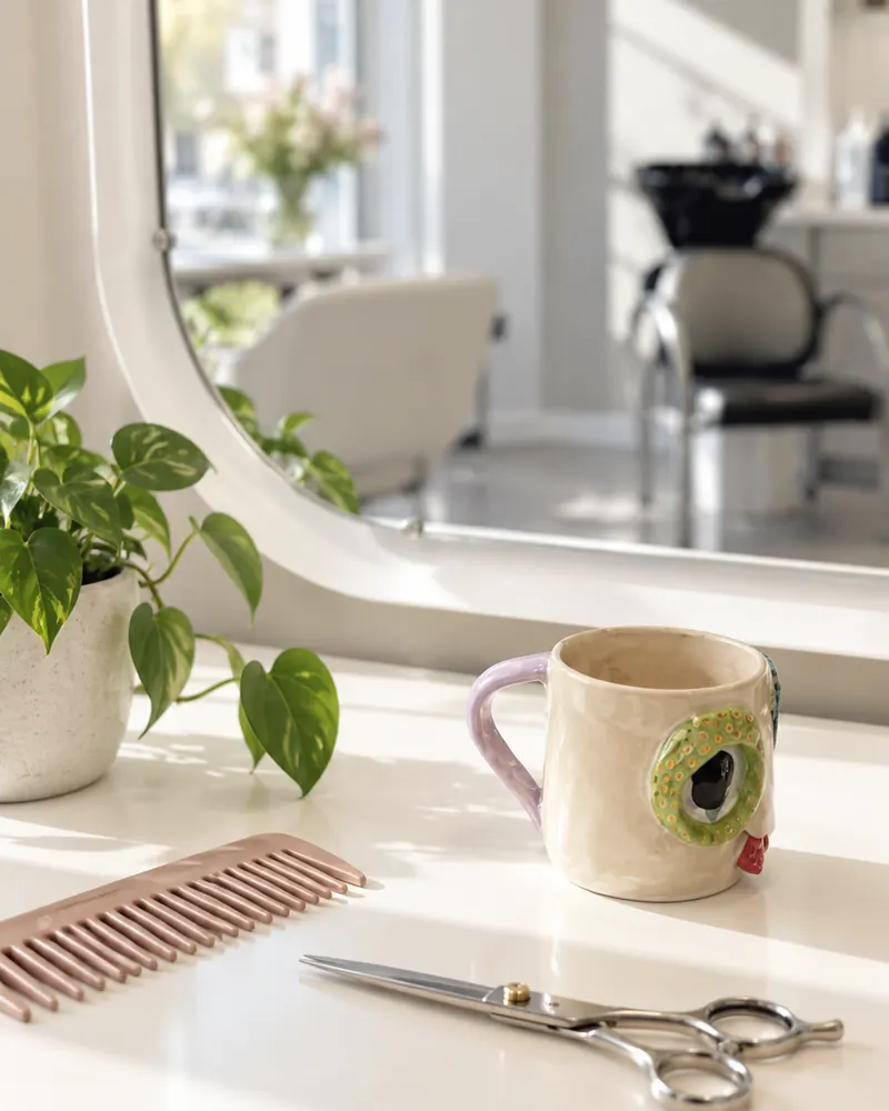 Een koffiemok, een kam en een schaar op de witte tafel bij de spiegel