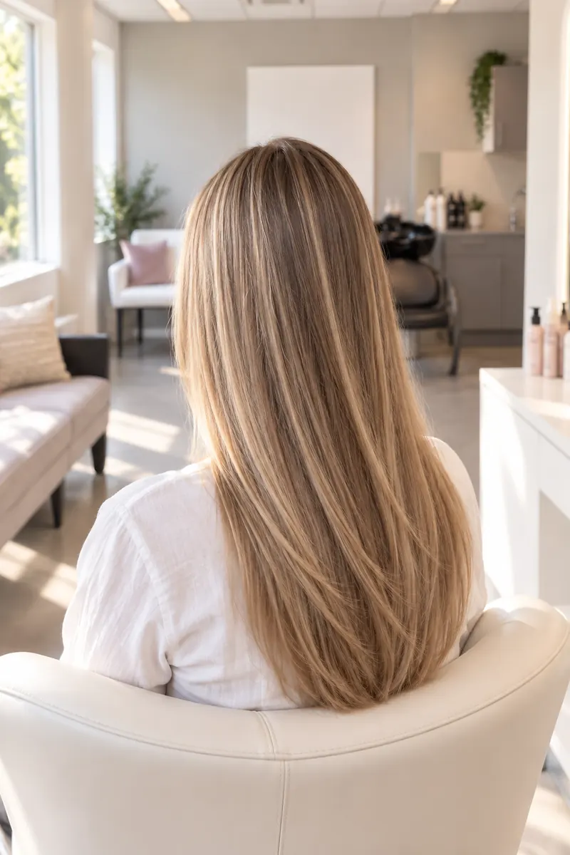Lang steil haar met fijne blonde highlights, van achteren