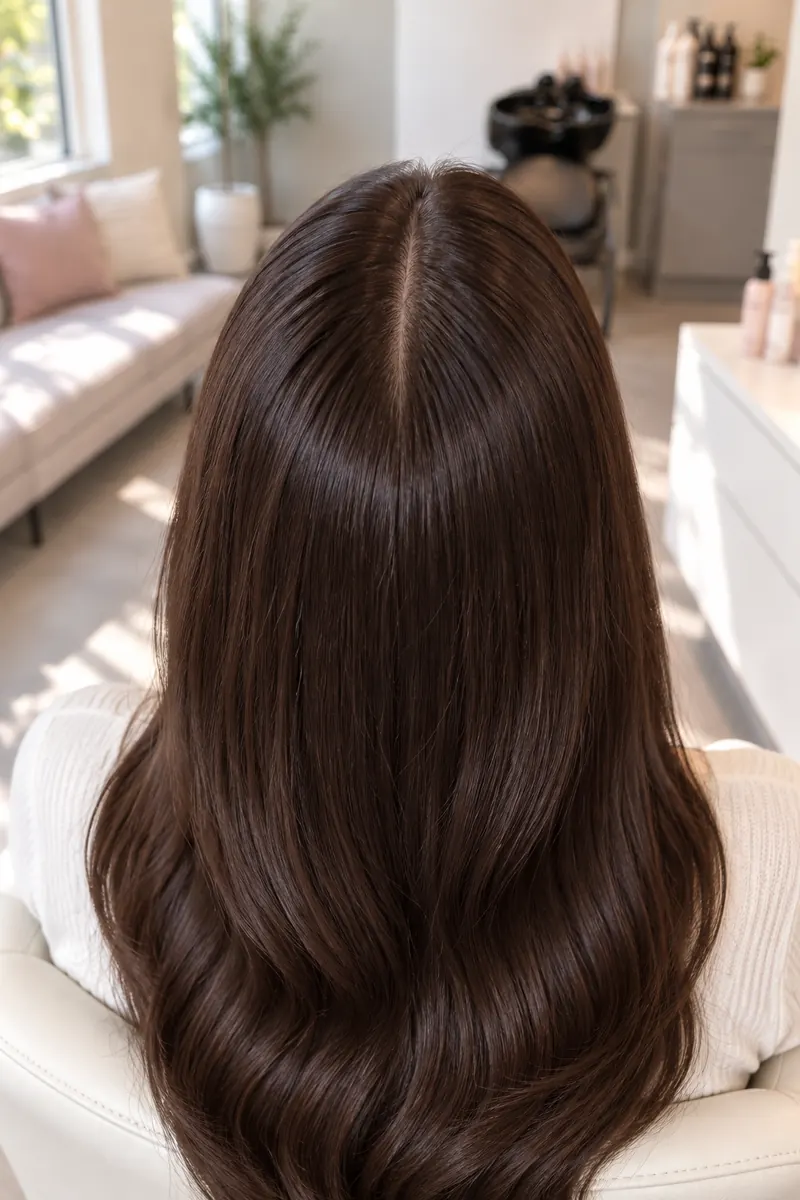 Lang donkerbruin haar met een egale kleur vanaf de scheiding